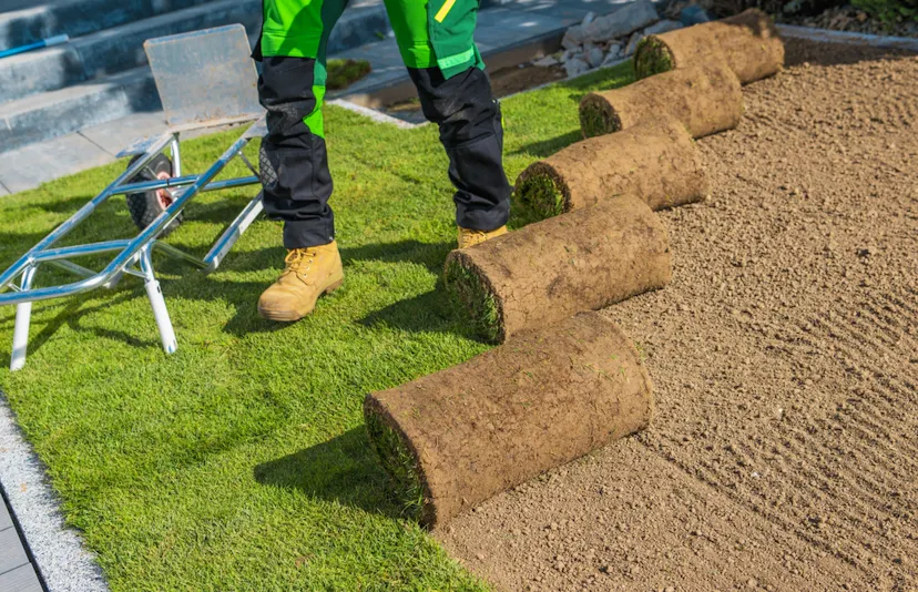 A Landscaper laying turfing medium or Natural Fresh Grass carpet In Home Garden In Essex UK