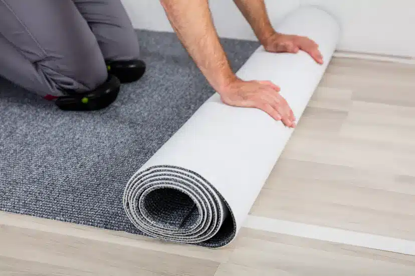 A profrtional worker of Home and garden installing carpet in a house in Essex UK