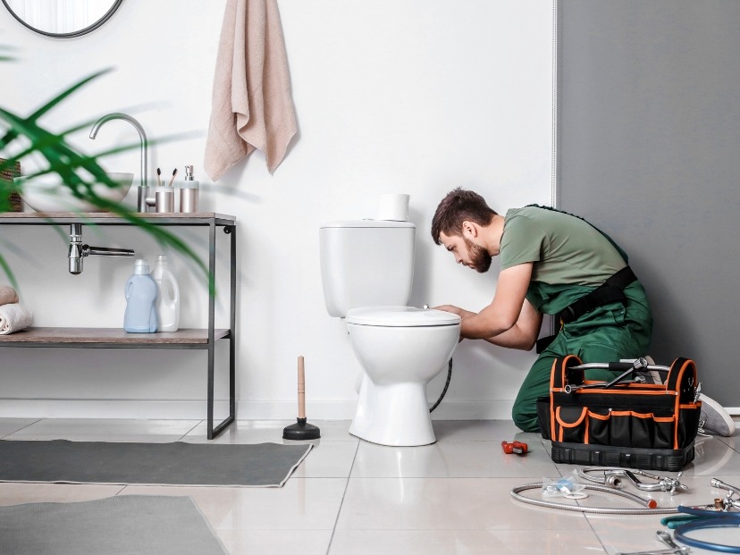 A Plumber is fixing toilet and other his plumbing tools and bags are on floor somewhere in Essex England UK