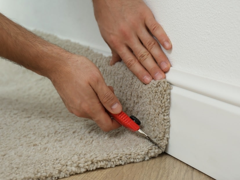 A Worker is cutting the extra carpet after carpet fitting with blade In Essex county England UK