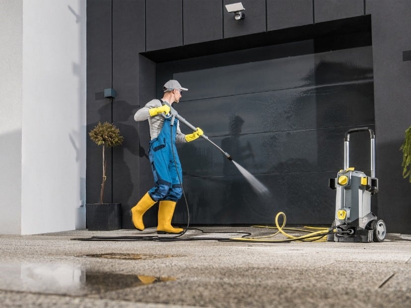 home and Garden Masters worker wearing glasses cleaning garage walls with pressure washer somewhere in Essex County England UK